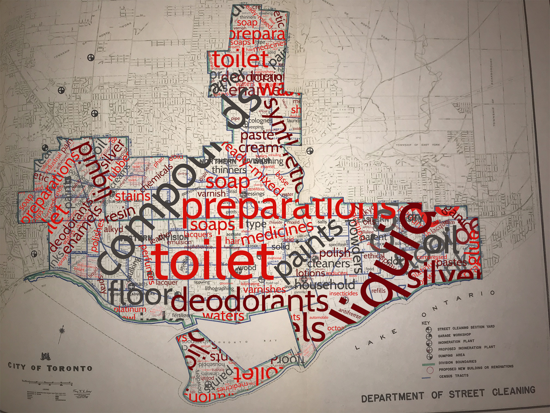 old map of the City of Toronto inlaid with word cloud